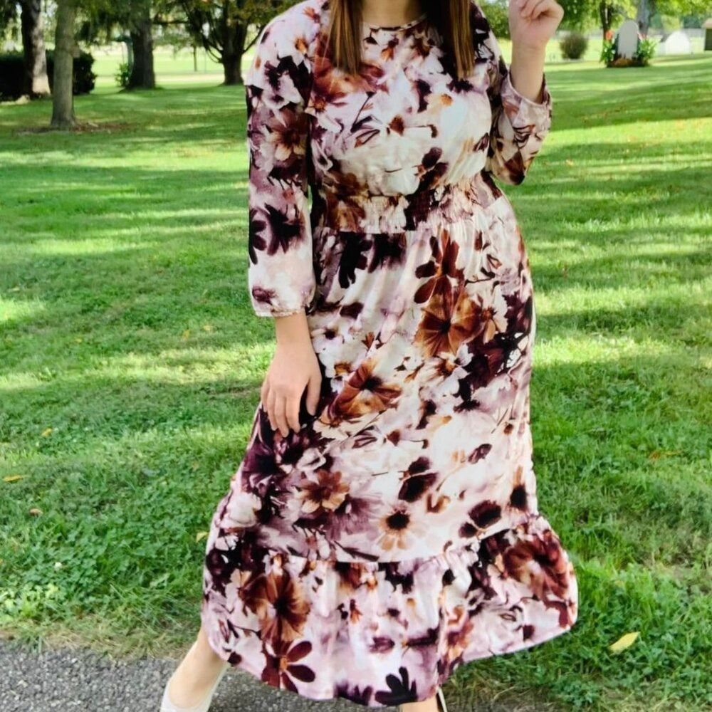NEW 2XL Evelyn Smocked‎ Waist Floral Maxi Dress Brown Cream 3/4 Sleeve Pockets